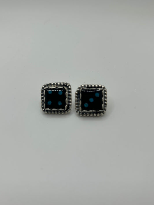 Jet Dice Studs with Turquoise dots