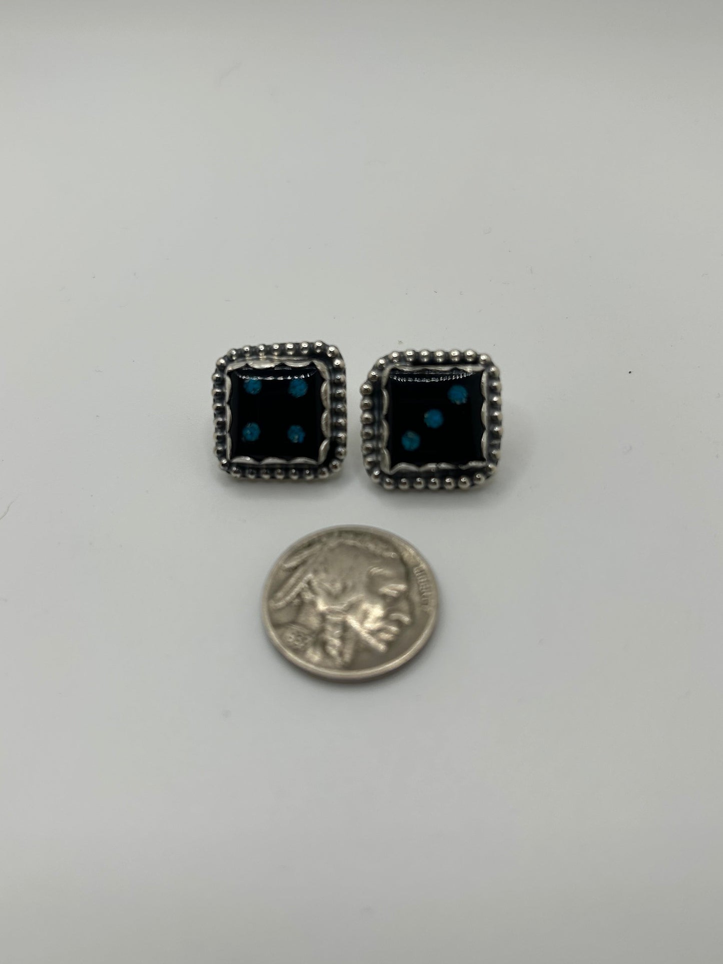 Jet Dice Studs with Turquoise dots