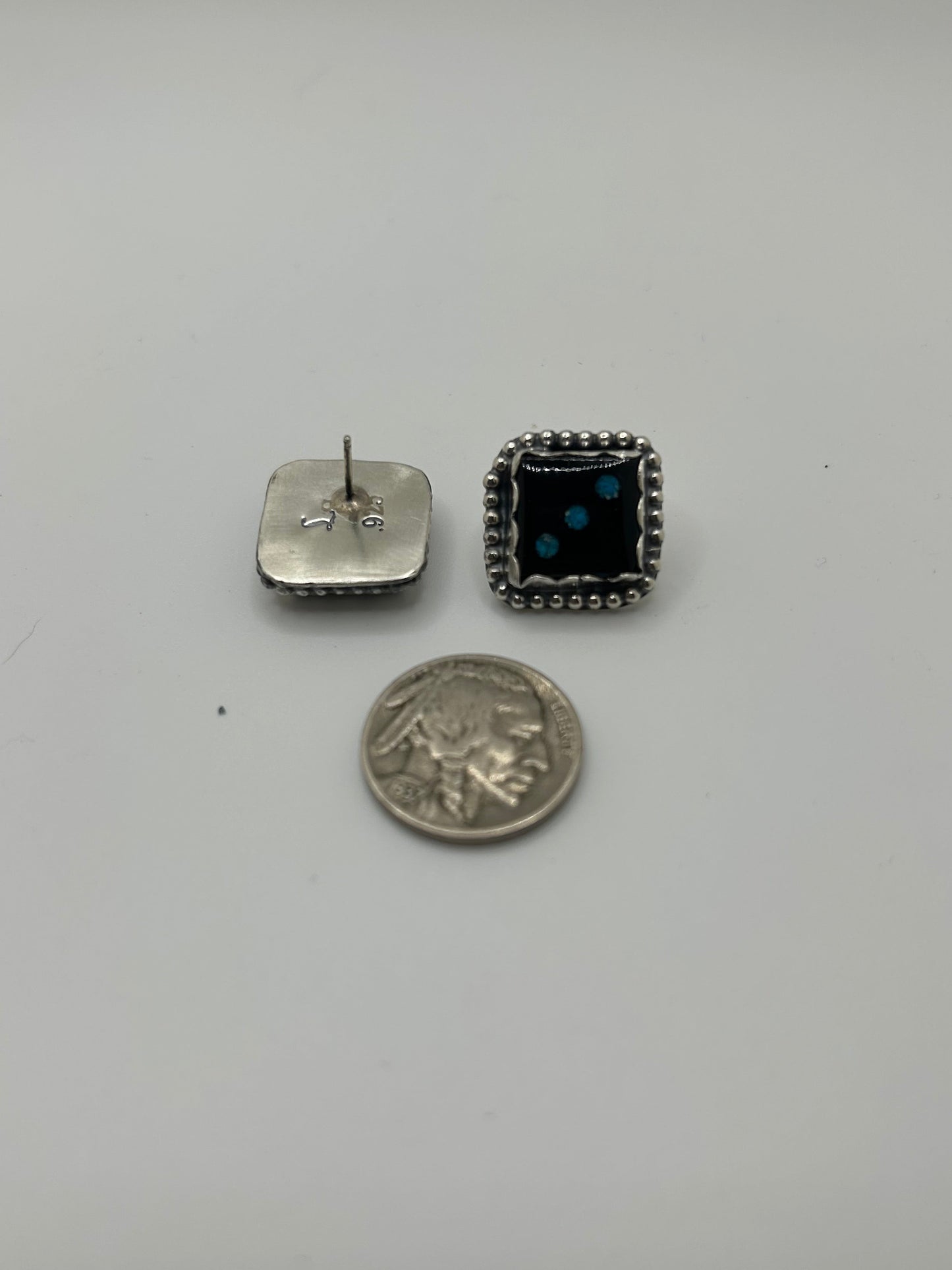 Jet Dice Studs with Turquoise dots