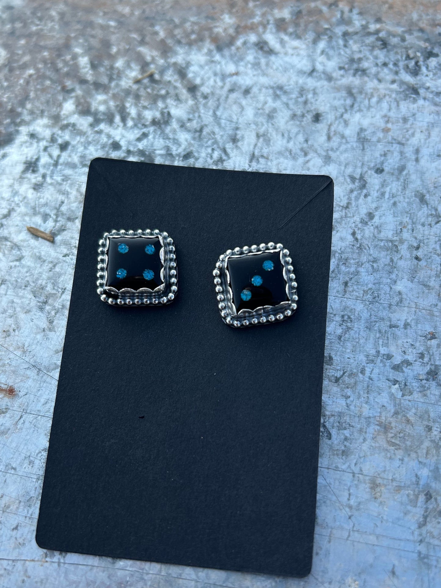 Jet Dice Studs with Turquoise dots